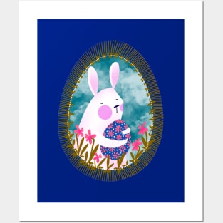 Cute white bunny with floral easter egg decoration on blue sky, version 5 Posters and Art